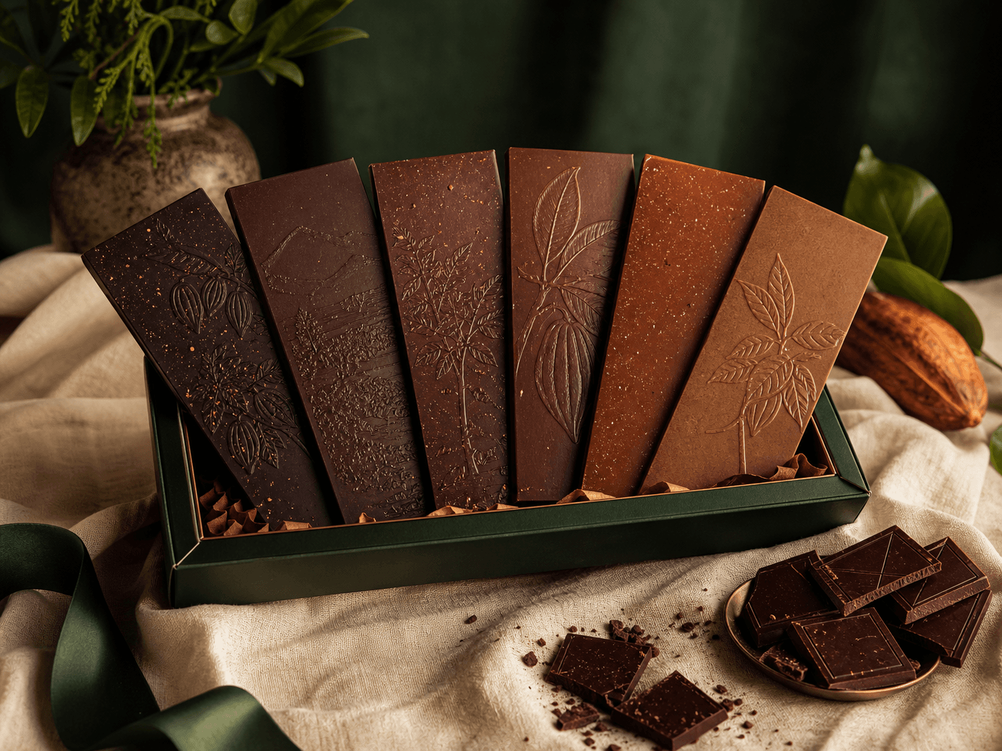 Chocolate Tasting Box — Six single-origin dark chocolate bars across a cocoa gradient.