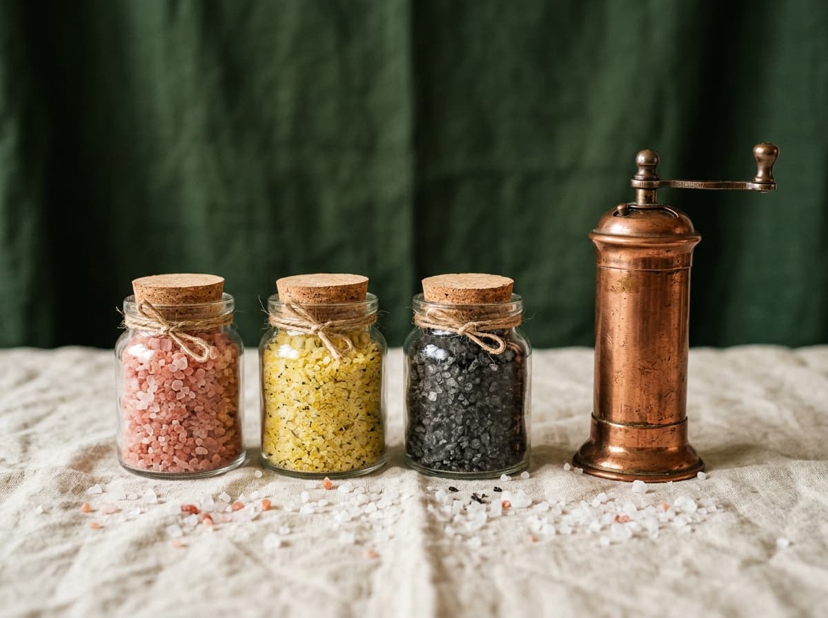 Finishing Salt & Pepper Trio — Three flavoured finishing salts and a pepper mill.