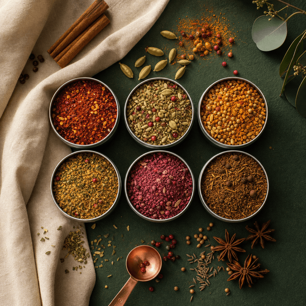 Global Spice Six — Six signature spice blends with a usage card.