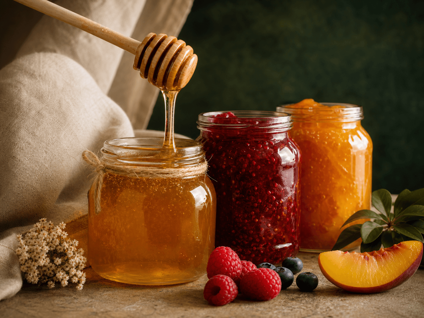Honey & Preserve Trio — Three honeys and preserves with ingredient cards.
