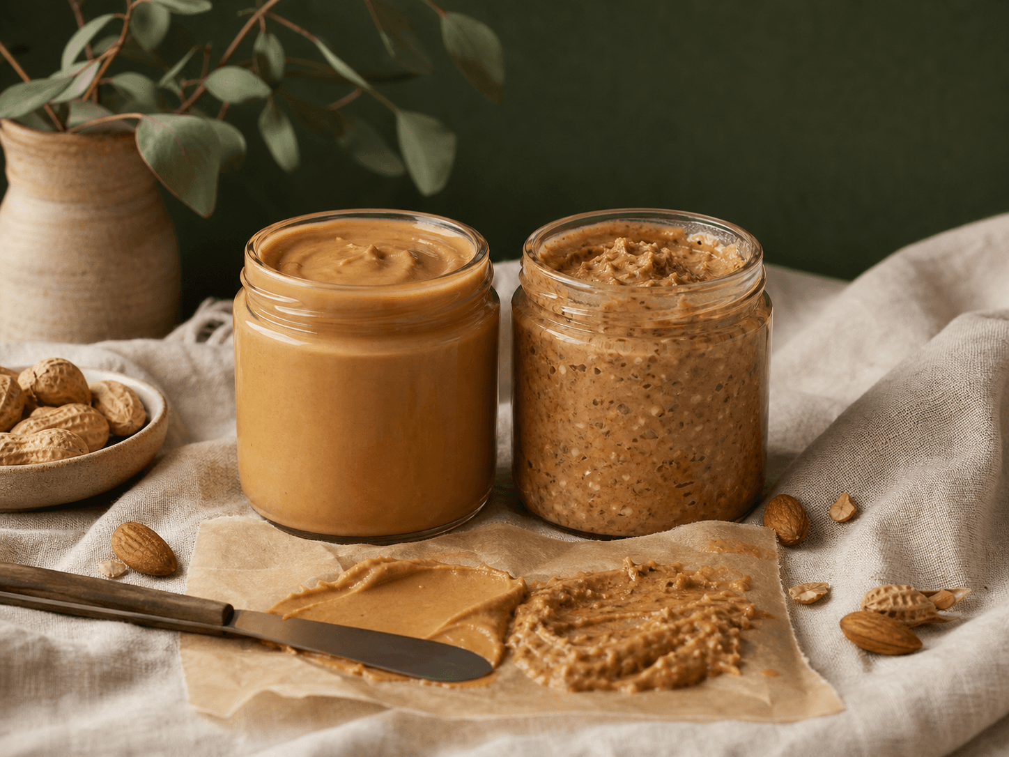 Nut Butter Duo — Smooth and crunchy nut butters with a spreading knife.