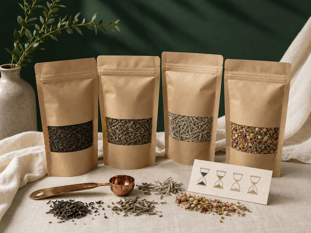 Slow Morning Tea Set — Four loose-leaf teas with scoop and steeping timer card.